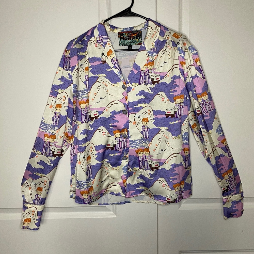 MUKZIN Adventure in Space Purple Print Button Up Long Sleeve Top Size L